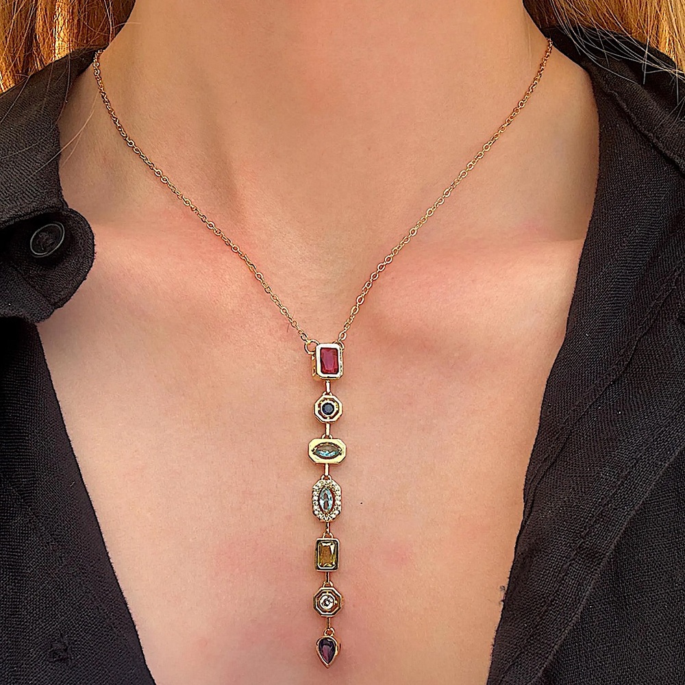 Gold Plated Stainless Steel Multicolor Zircon Tier Necklace Statement - Picture 4 of 17